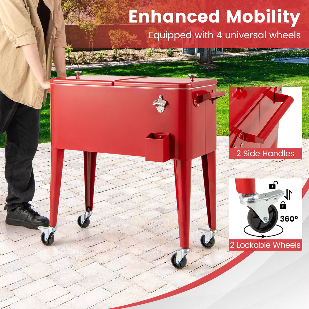 Red portable outdoor patio cooler cart with 80-quart capacity, four wheels, and bottle opener for easy mobility and.