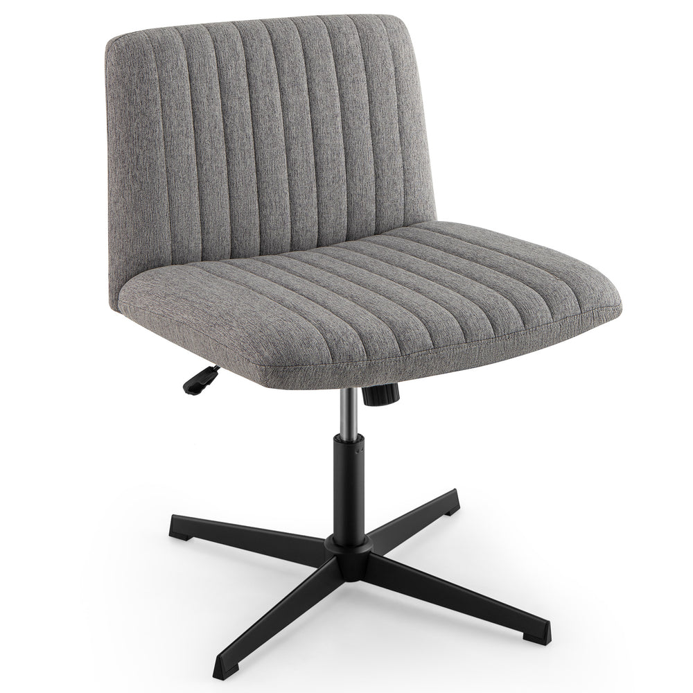 Criss cross legged chair with linen upholstery and wide U-shaped cushion for comfortable office seating.