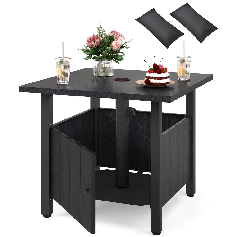 Black outdoor side table with 1.89" umbrella hole, sturdy zinc-iron alloy, and rustic wood-like surface for patio use.