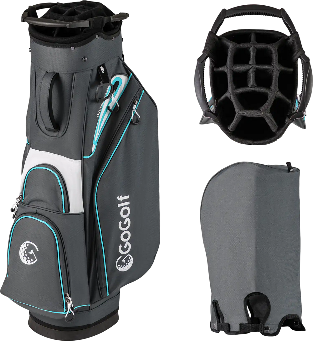 Lightweight gray golf cart bag with 14-way dividers, multiple pockets, and adjustable shoulder strap for easy carrying.