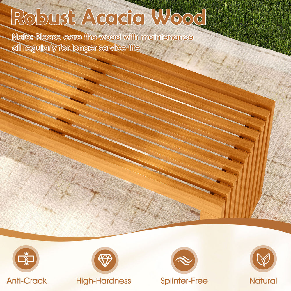 36-inch acacia wood patio bench with slatted design, ideal for backyard or poolside seating, supports up to 800 lbs.