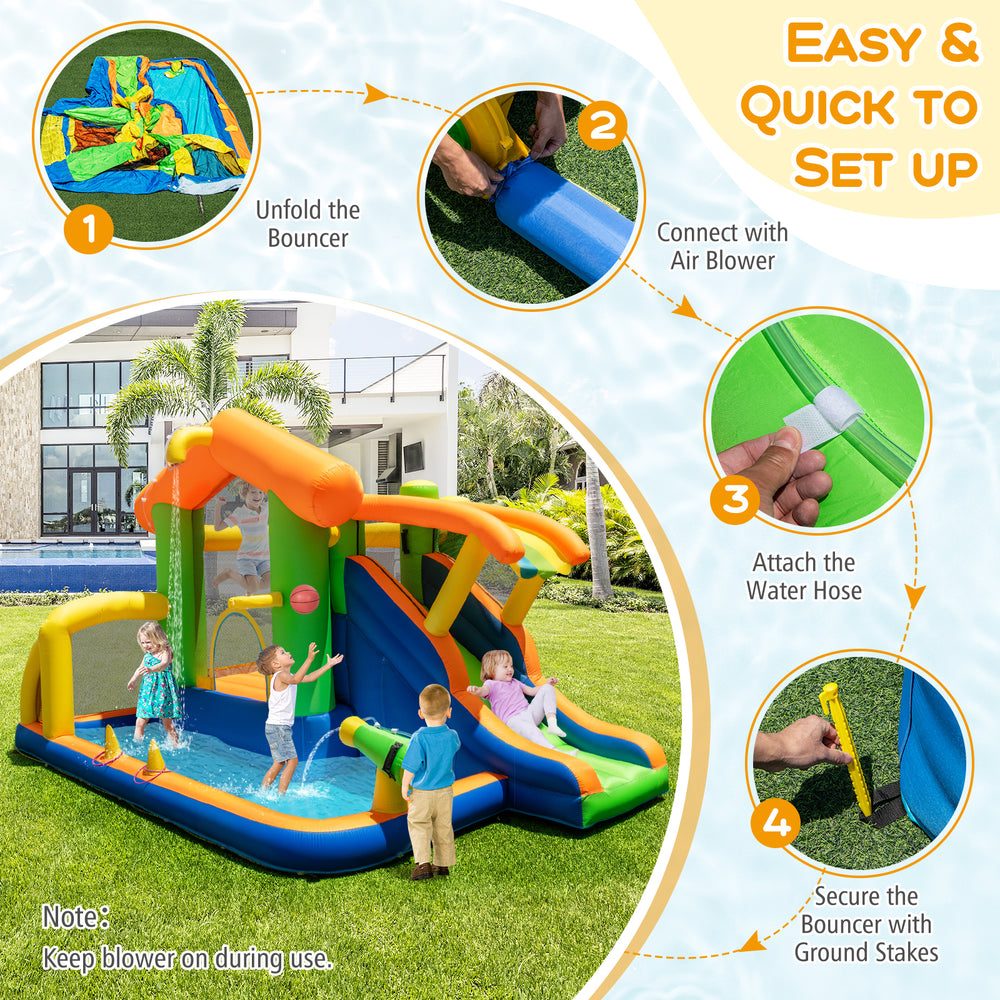8-in-1 jumping castle with slide, climbing wall, and water cannon for wet and dry play, set up with included blower.