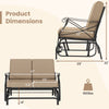Dimensions of the Outdoor 2-Person Glider Rocking Chair Loveseat with thick cushions and metal frame for patio use.
