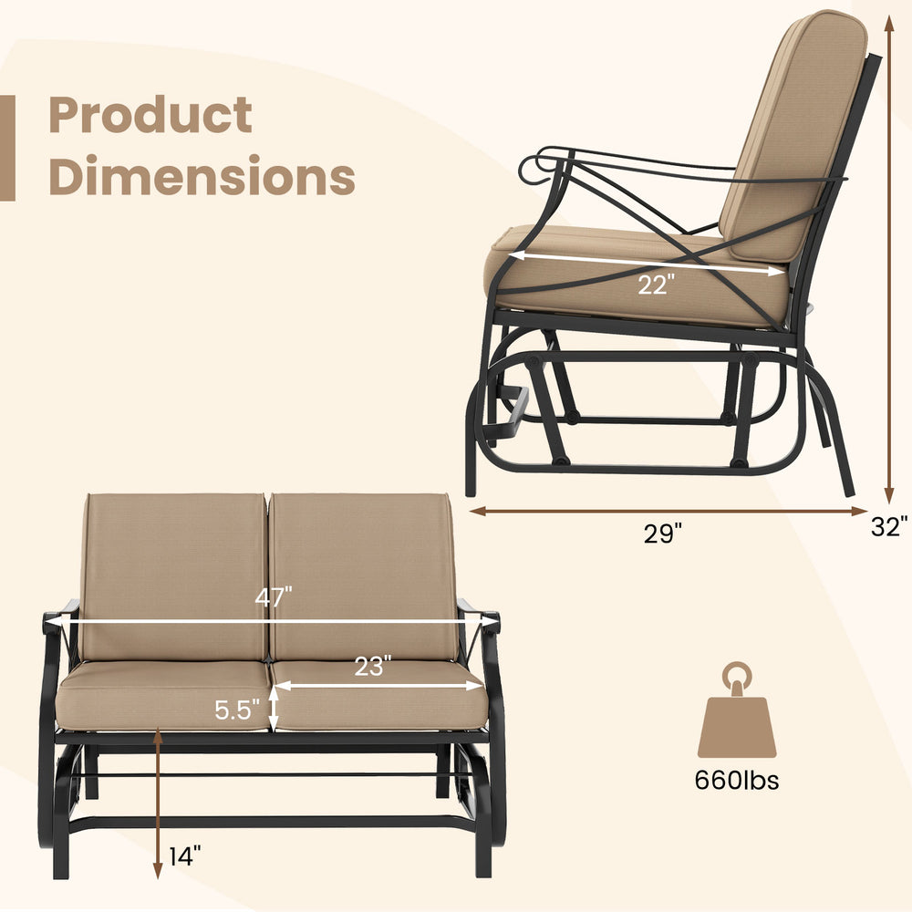 Dimensions of the Outdoor 2-Person Glider Rocking Chair Loveseat with thick cushions and metal frame for patio use.