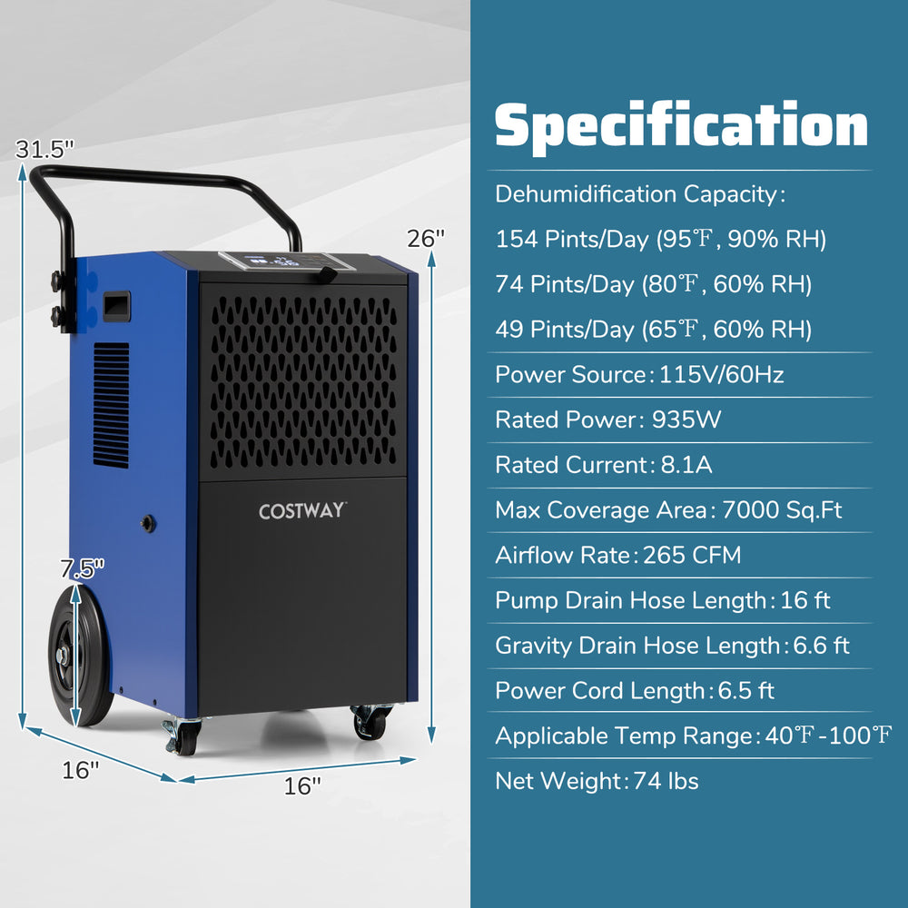 154 Pints commercial dehumidifier in blue with pump, ideal for large spaces up to 7000 sq.ft, featuring a control panel.
