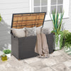 Rattan storage box with acacia wood top, featuring cushions, ideal for patio side table and outdoor storage.