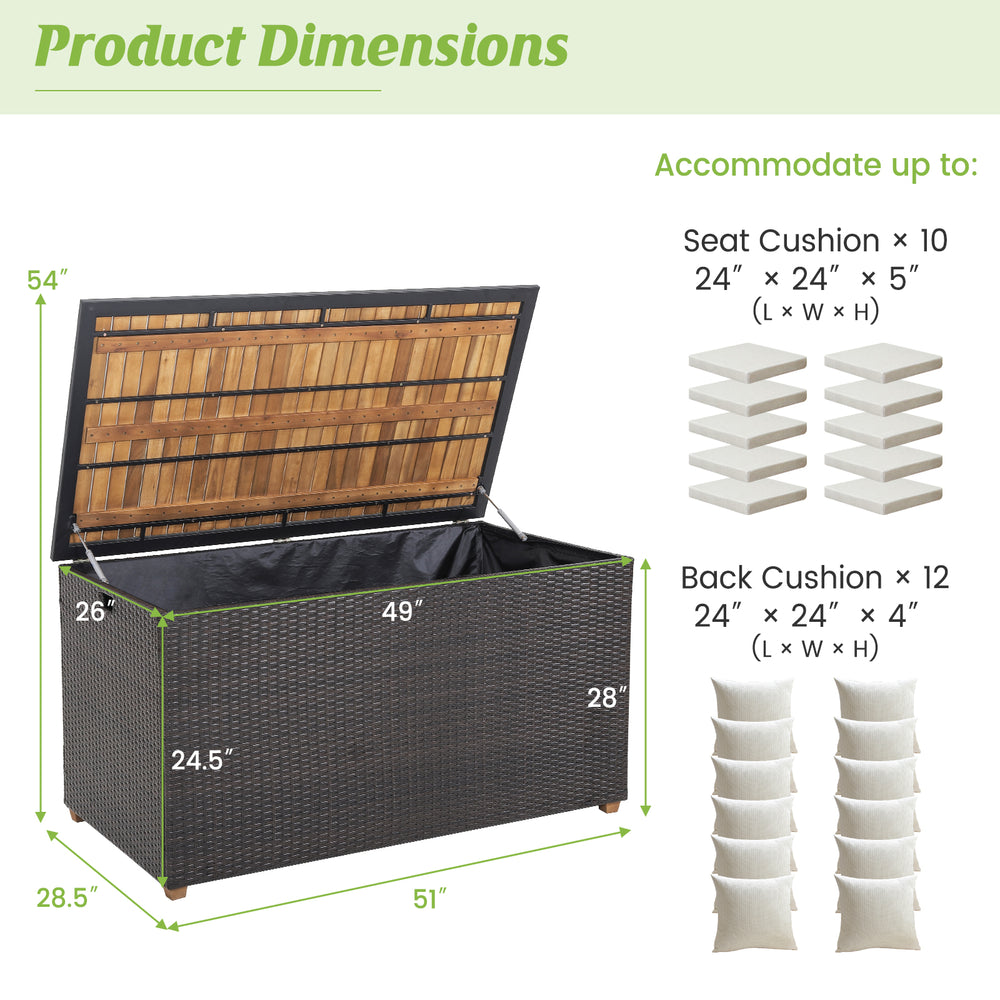 Rattan storage box with solid acacia wood top, 134-gallon capacity, ideal for patio side table or outdoor storage.