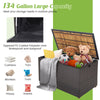 Rattan storage box with solid acacia wood top, 134-gallon capacity, ideal for outdoor storage and patio use.