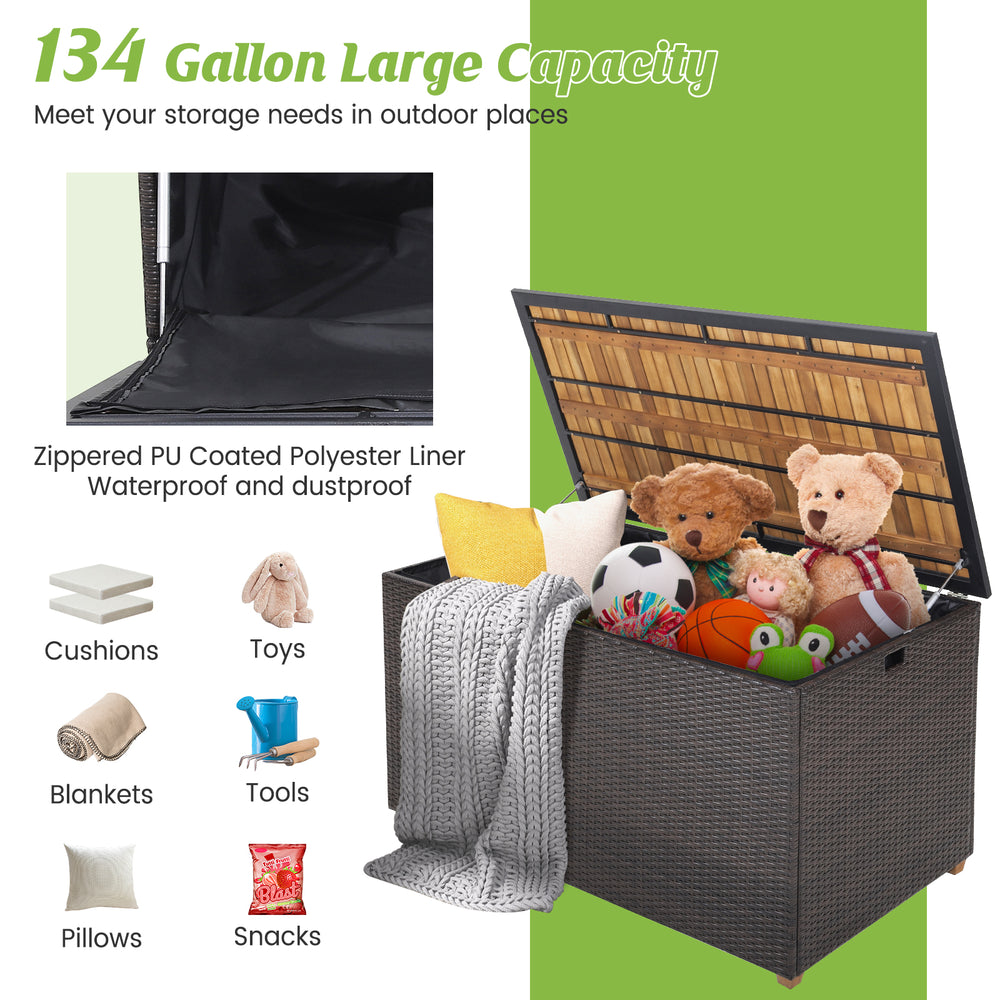 Rattan storage box with solid acacia wood top, 134-gallon capacity, ideal for outdoor storage and patio use.