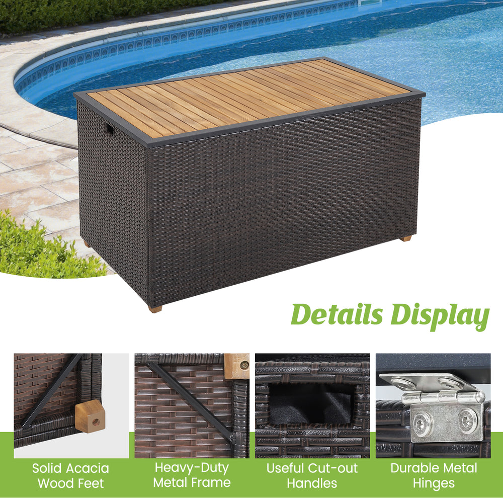 Rattan storage box with solid acacia wood top, featuring a 134-gallon capacity, ideal for patio or poolside use.
