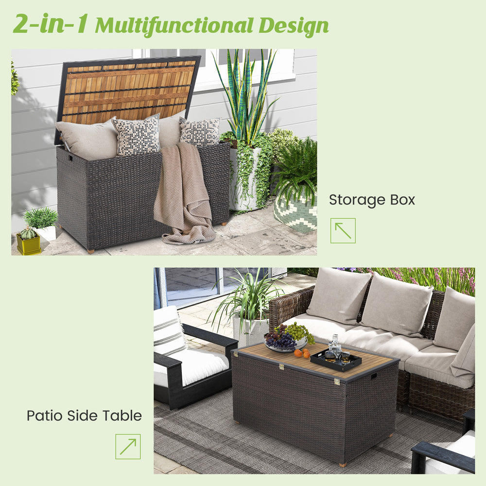 Storage box with zippered liner and solid acacia wood top, featuring hand-woven brown PE rattan, ideal for patio use.
