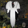 6.6 feet Halloween animatronic angel with light-up red eyes, flapping wings, and poseable arms for spooky decor.
