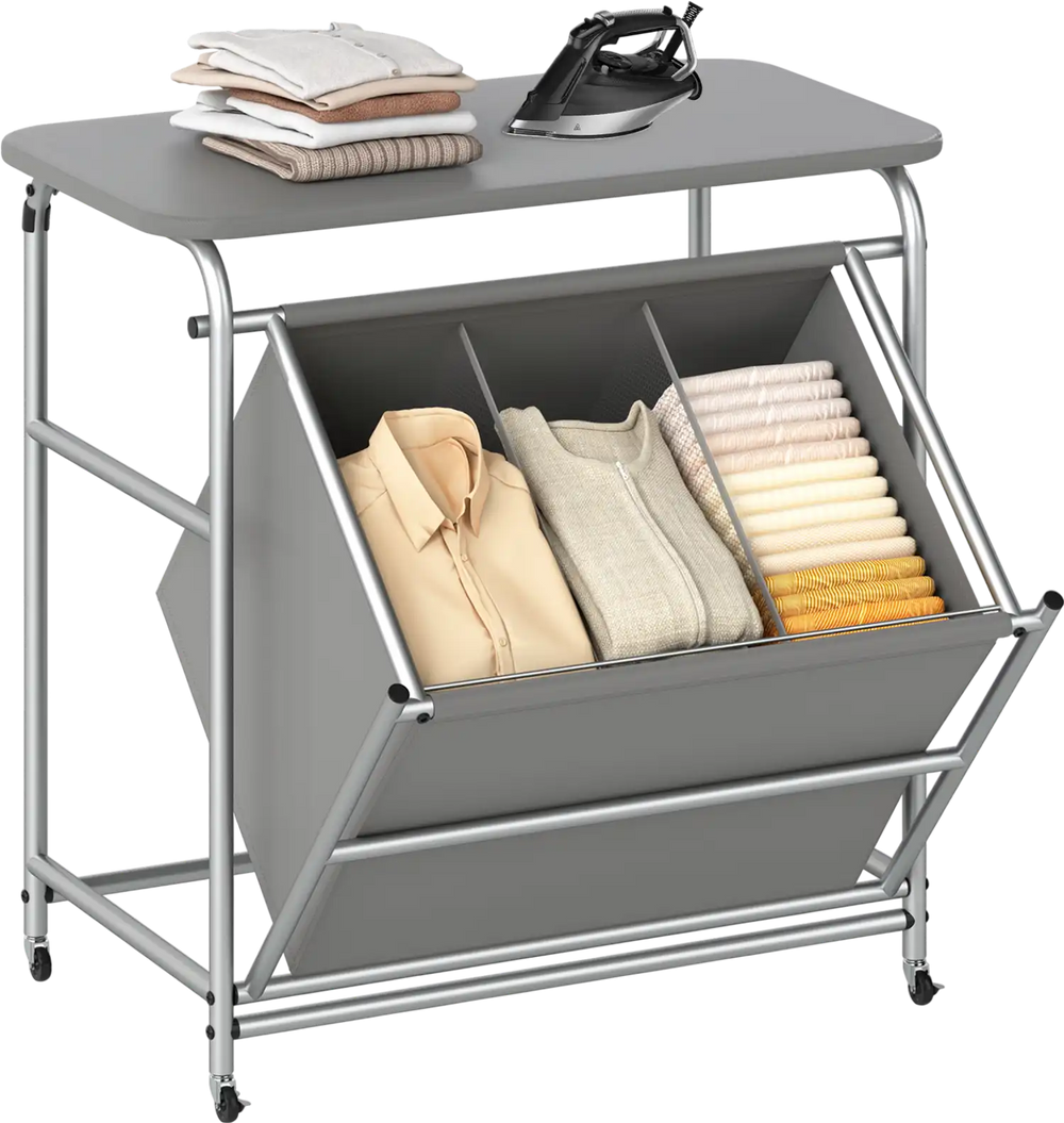 3-section laundry sorter with foldable ironing board, gray fabric, and lockable wheels for easy sorting and access.