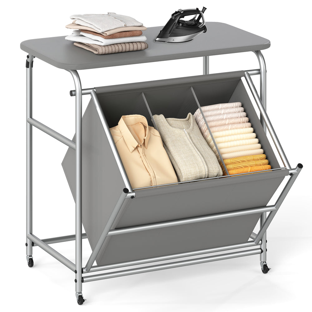 3-Section Laundry Sorter with Foldable Ironing Board and Lockable Wheels-Gray - Gallery View 1 of 13