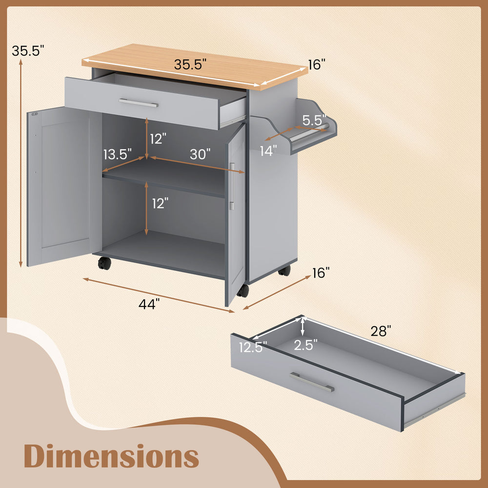 Dimensions of the rolling kitchen island cart in gray, featuring a spacious countertop, drawer, and adjustable cabinet.