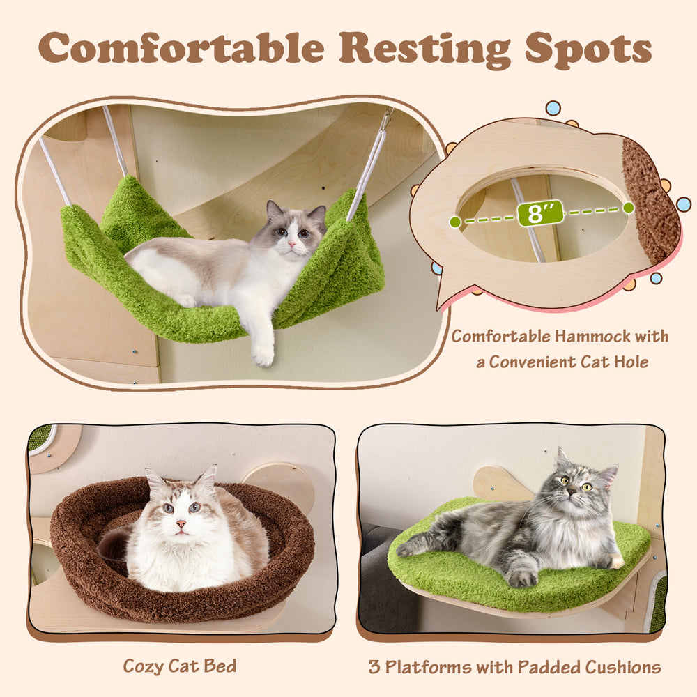 Cozy cat bed in green with soft cushions, part of a wall-mounted cat tower for comfortable relaxation spots.