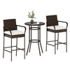Bar height patio table set featuring two cushioned chairs, made of PE wicker, ideal for outdoor relaxation.