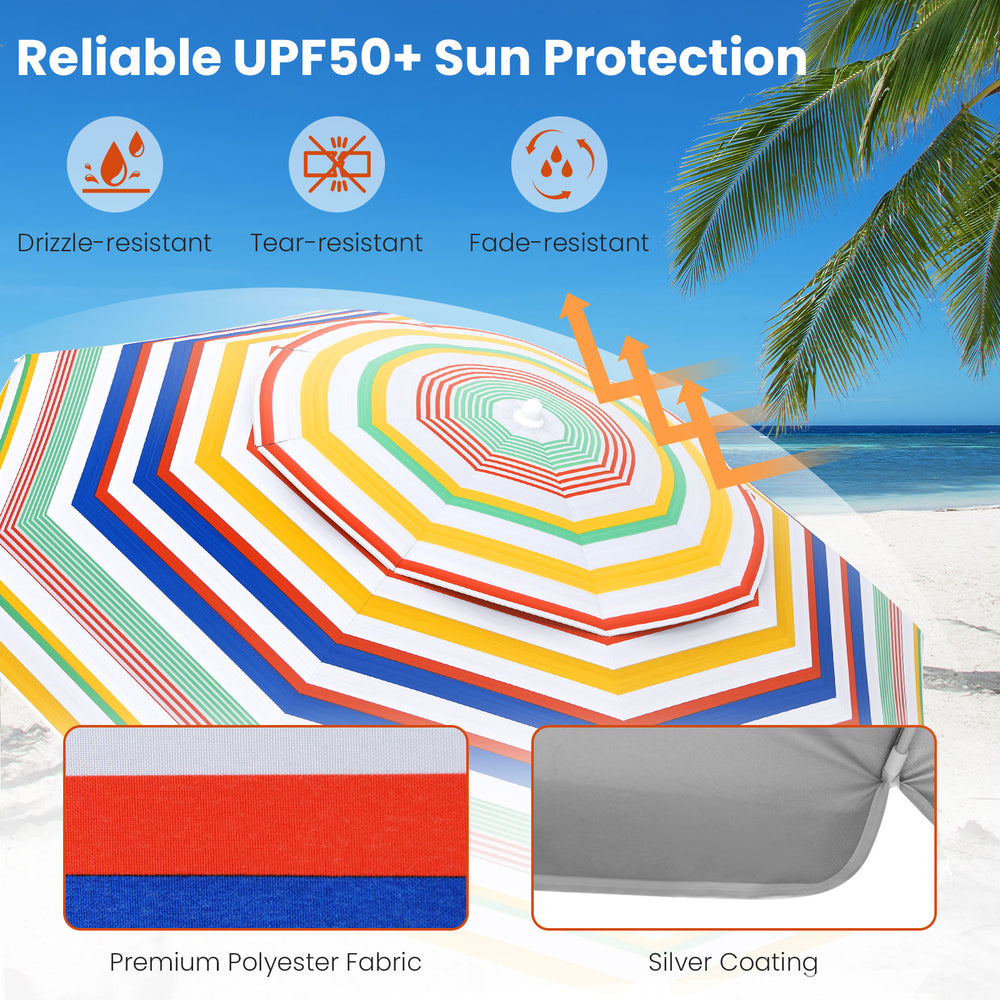 Colorful 6.5 feet beach umbrella with UPF50+ sun protection, featuring a push button tilt and lightweight design for.