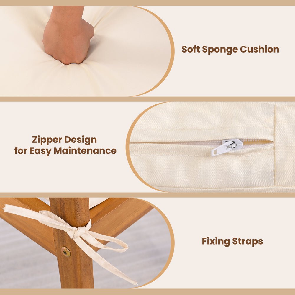 Close-up of beige padded cushion with zipper design and fixing straps for outdoor patio dining chairs set.