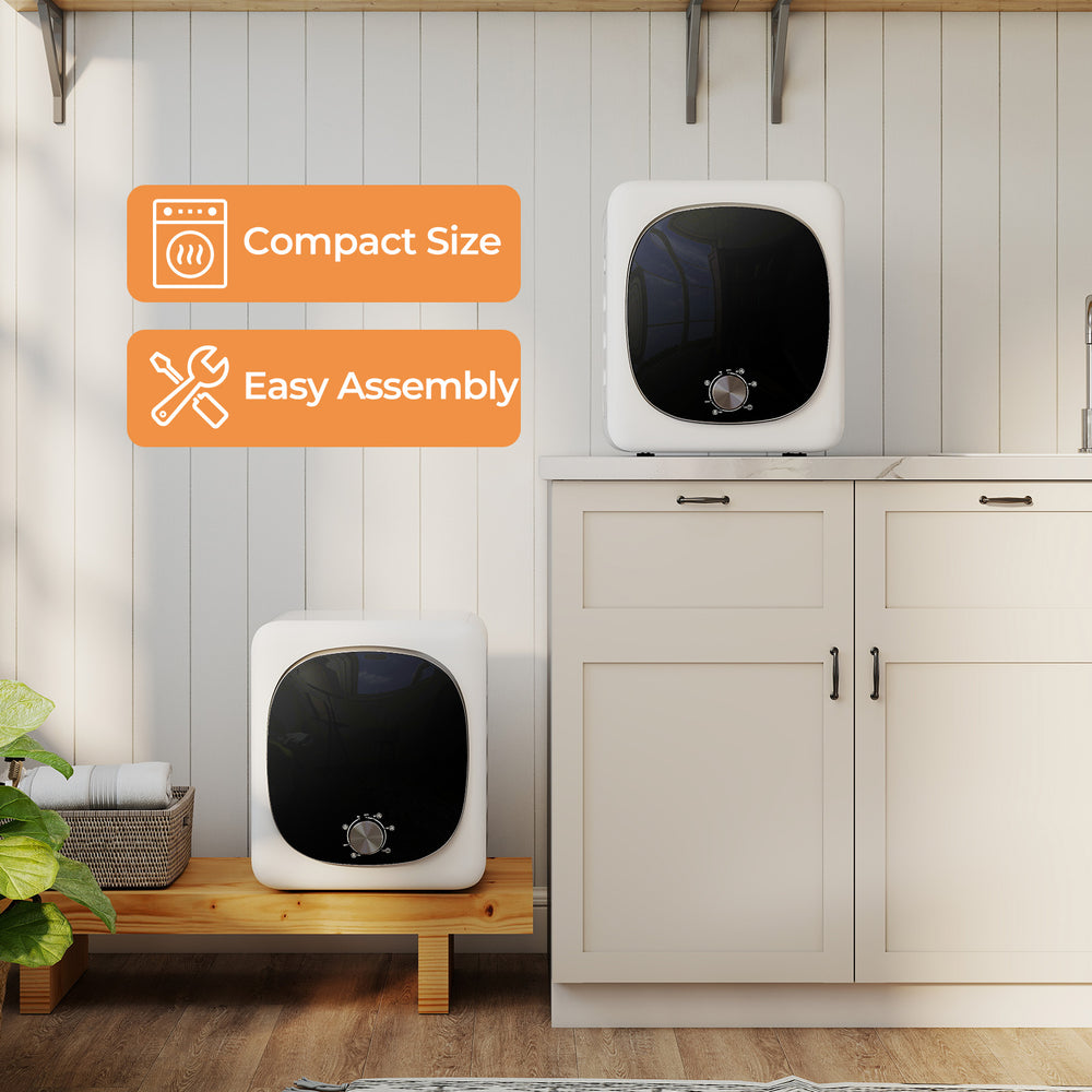 Compact portable clothes dryer with stainless steel tub, featuring easy assembly and efficient drying for various.