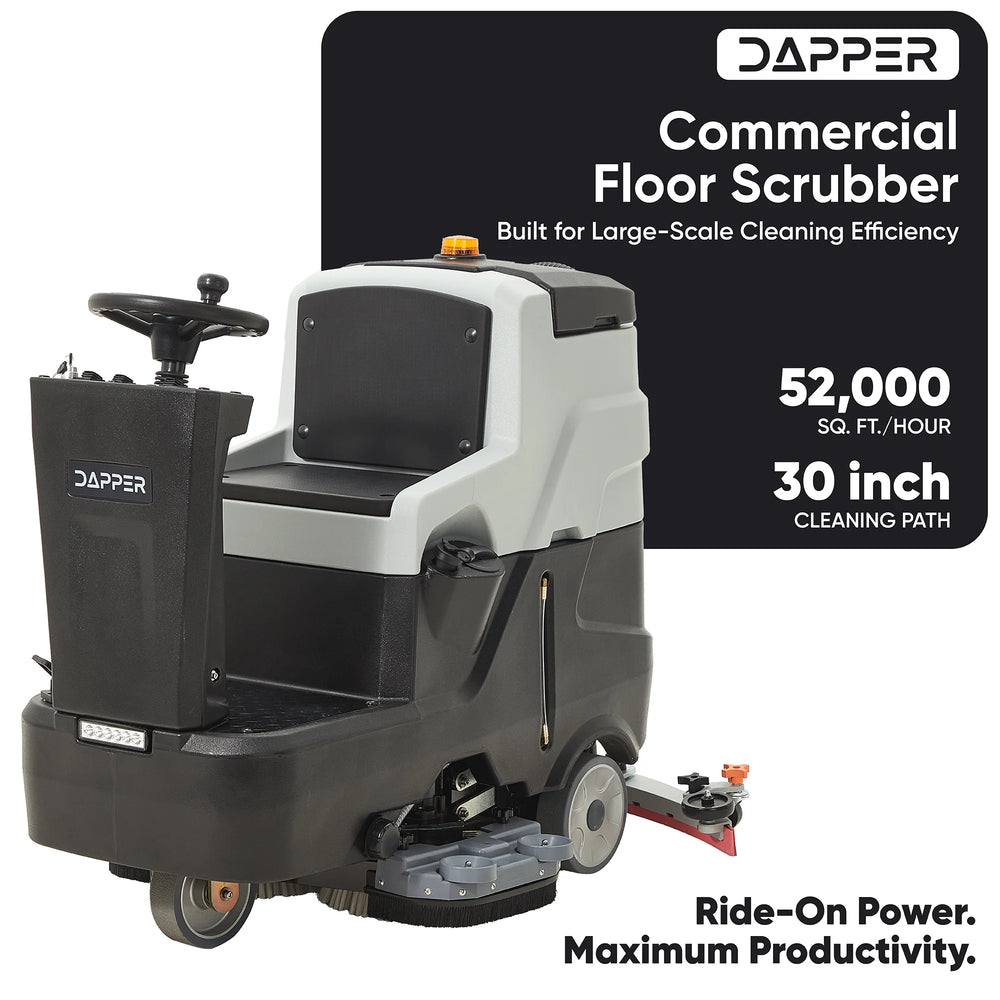 Dapper Supply Ride-On Floor Scrubber Battery Powered 30" Brush 39" Squeegee 52,000 Sq. Ft./Hr New