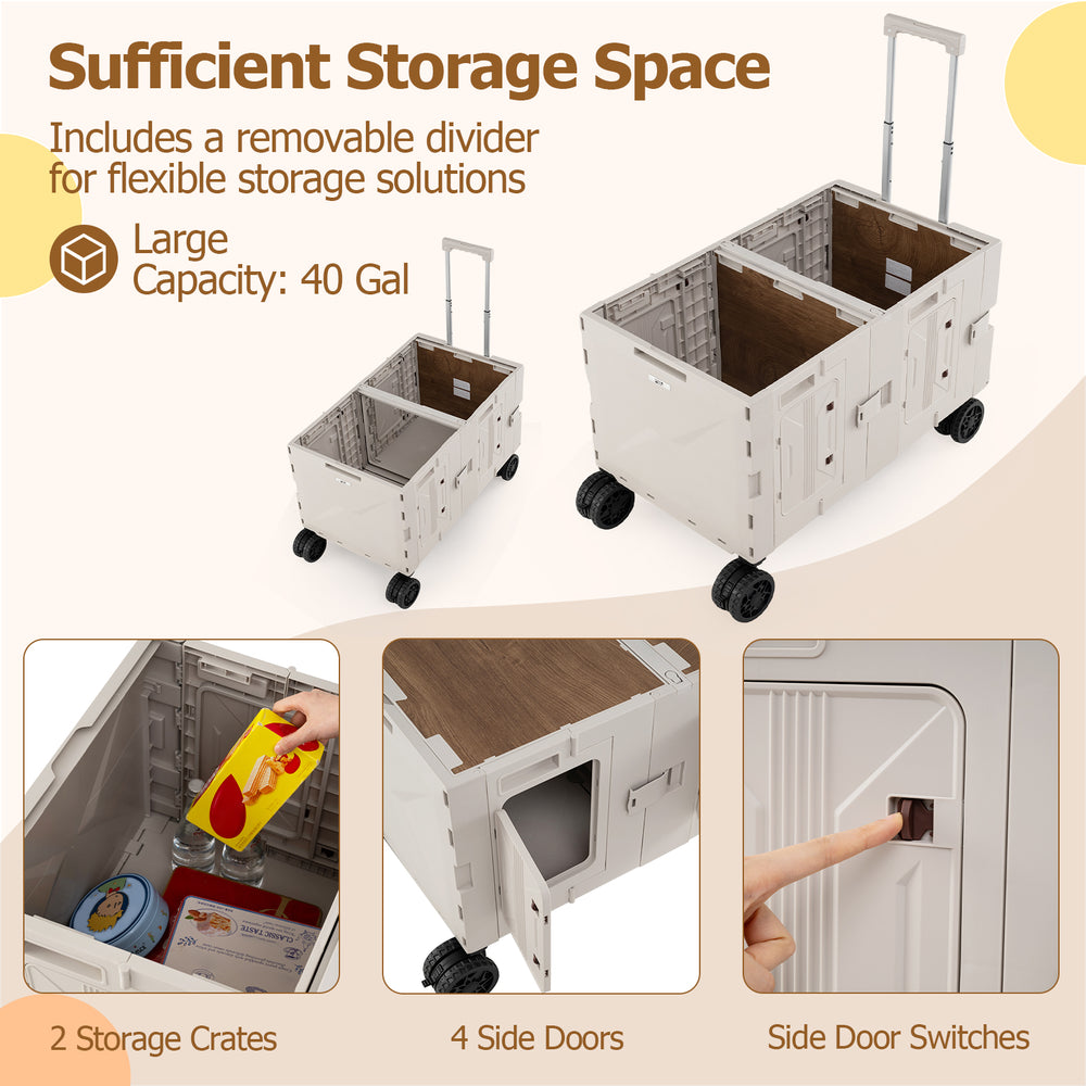 Large foldable utility cart with two-tier storage crates, 40-gal capacity, ideal for camping and shopping.
