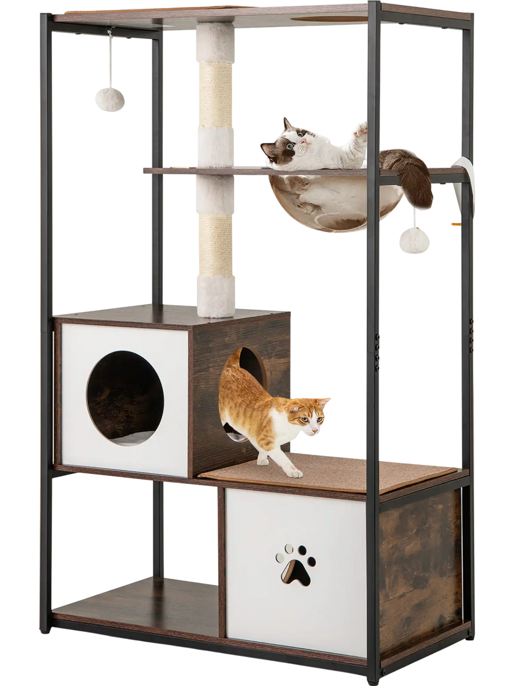 Cat tree with a cozy faux rabbit fur cushion in a condo, designed for comfort and play with soft carpeted platforms.