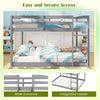 Full over full gray bunk bed with integrated ladder and wide entrance, designed for easy access and stability.