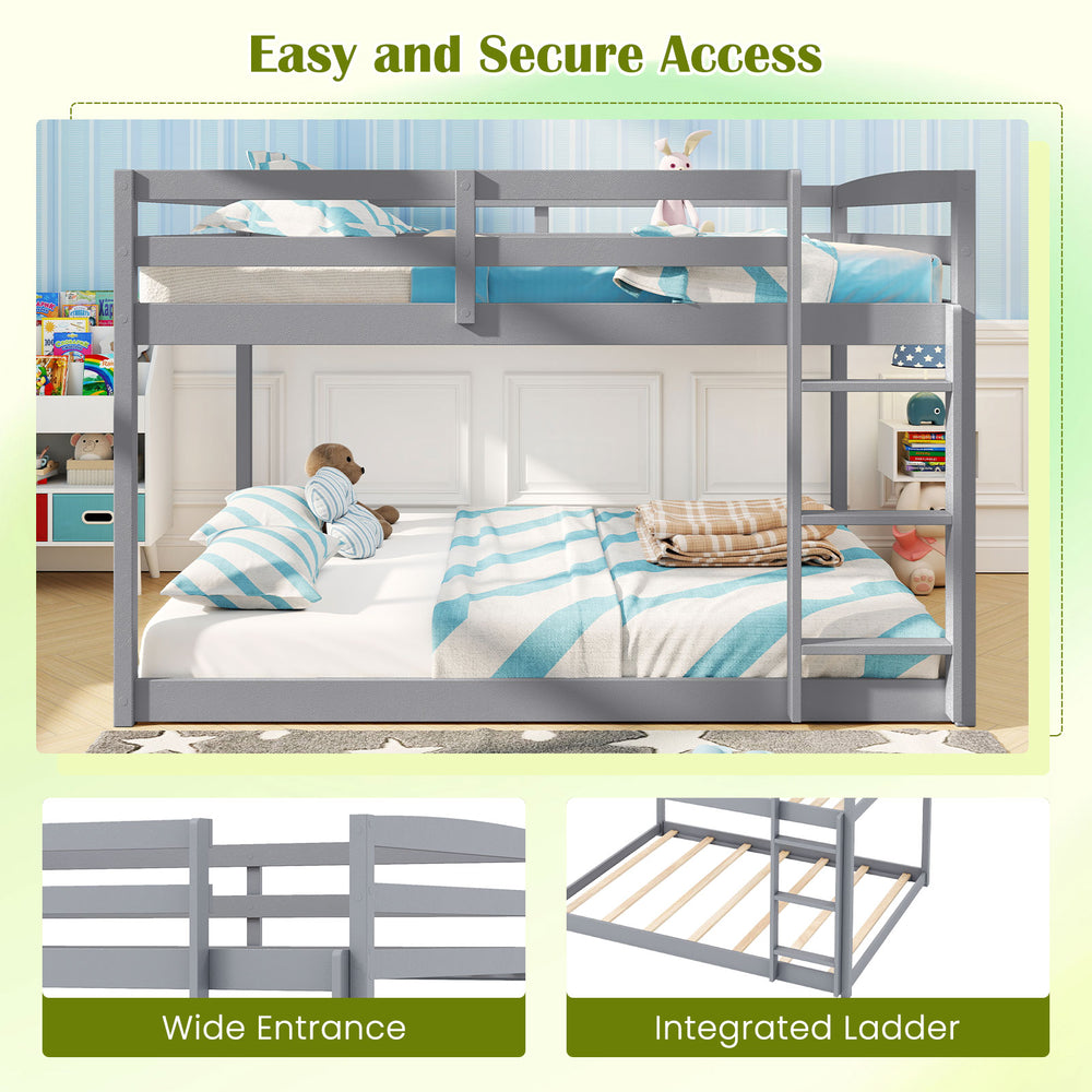Full over full gray bunk bed with integrated ladder and wide entrance, designed for easy access and stability.