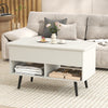 Lift-top coffee table in white with hidden storage, two open shelves, and modern design for versatile use in any room.