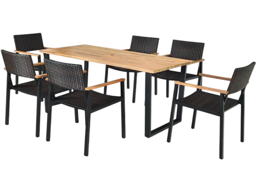Patented 7 Pieces Outdoor Dining Set with Large Acacia Wood Table Top