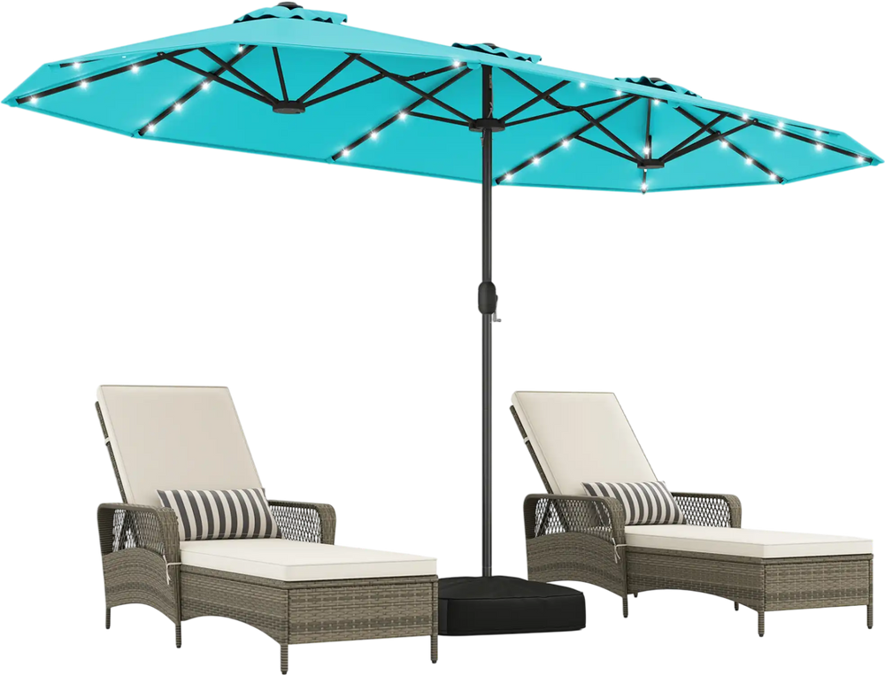 Double-sided turquoise patio umbrella with solar lights, sturdy metal poles, ideal for garden and poolside shade.