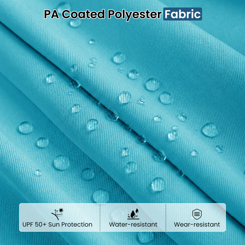 Close-up of turquoise PA coated polyester fabric with water droplets, showcasing water-resistant and wear-resistant.