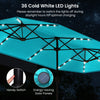 Double-sided turquoise patio umbrella with 36 solar lights, sturdy metal poles, ideal for garden and poolside use.