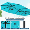 Double-sided 13FT turquoise patio umbrella with solar lights, featuring sturdy metal ribs and air vents for stability.