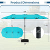 13FT double-sided turquoise patio umbrella with solar lights, showcasing dimensions for enhanced shade in gardens and.