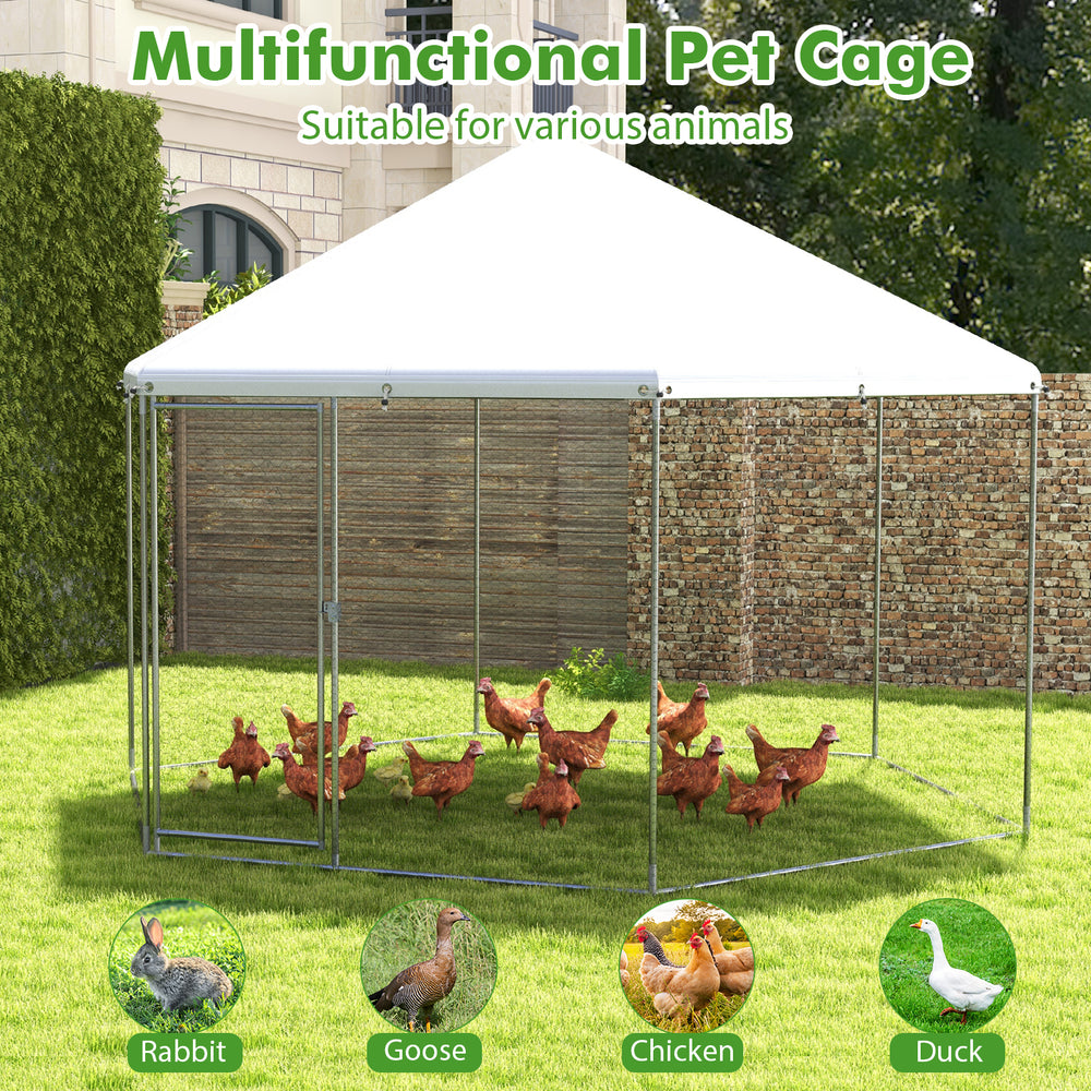 Large hexagonal chicken coop with durable galvanized steel frame, wire mesh, and lockable door for secure pet housing.