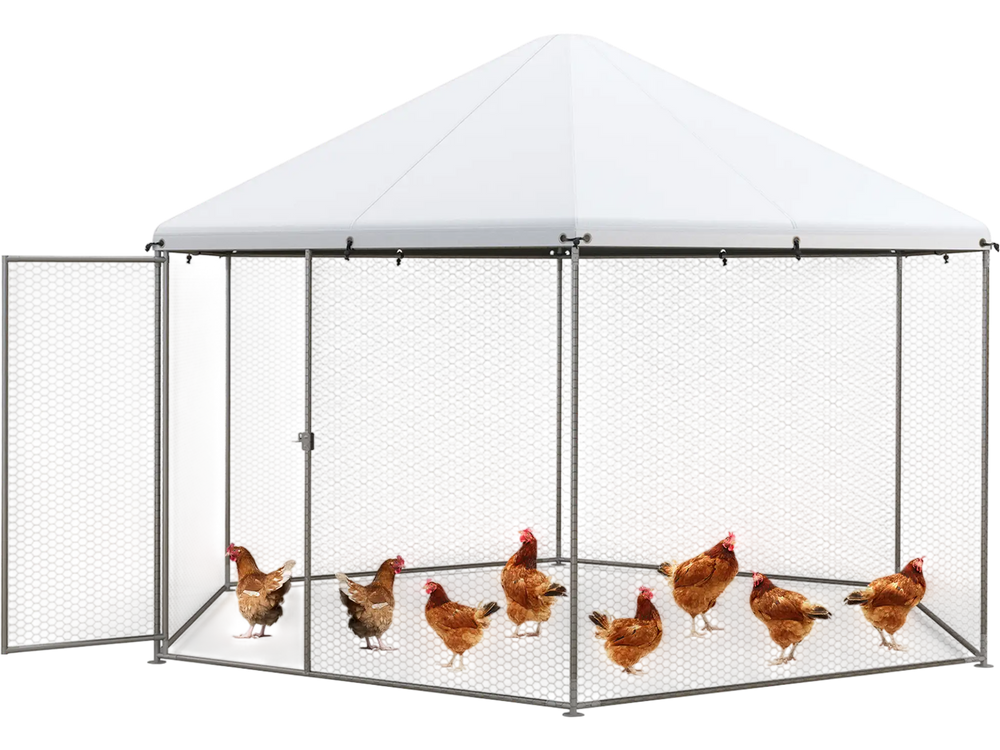 13FT Large Metal Hexagonal Chicken Coop with Wire Mesh and Lockable Door