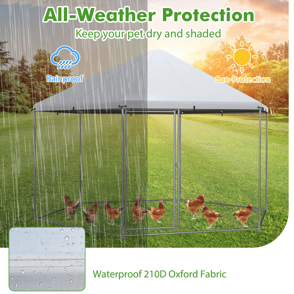 Large hexagonal chicken coop with waterproof 210D oxford fabric, lockable door, and durable galvanized steel frame.