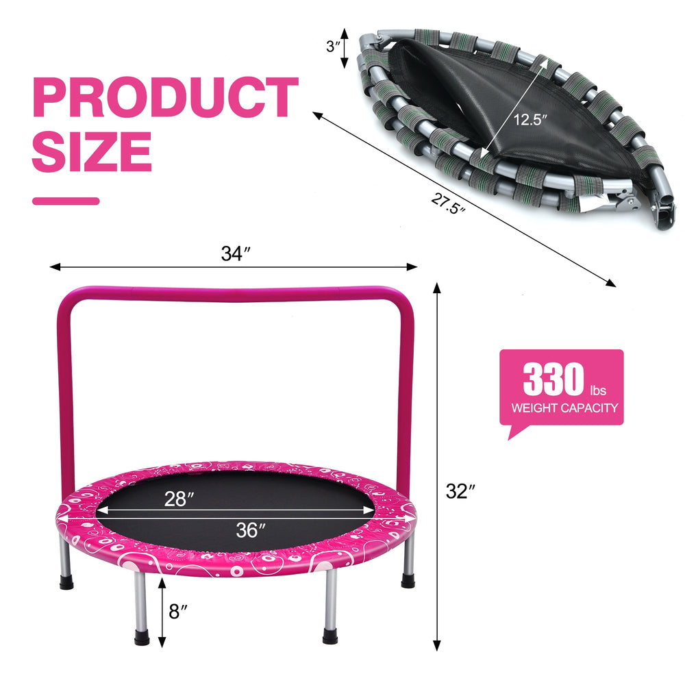 36-inch pink kids trampoline mini rebounder with safety handrail, foldable design, and 330 lbs weight capacity.