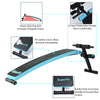 Adjustable blue slant bench with PU leather cover and foam bars, designed for versatile home workouts and easy storage.