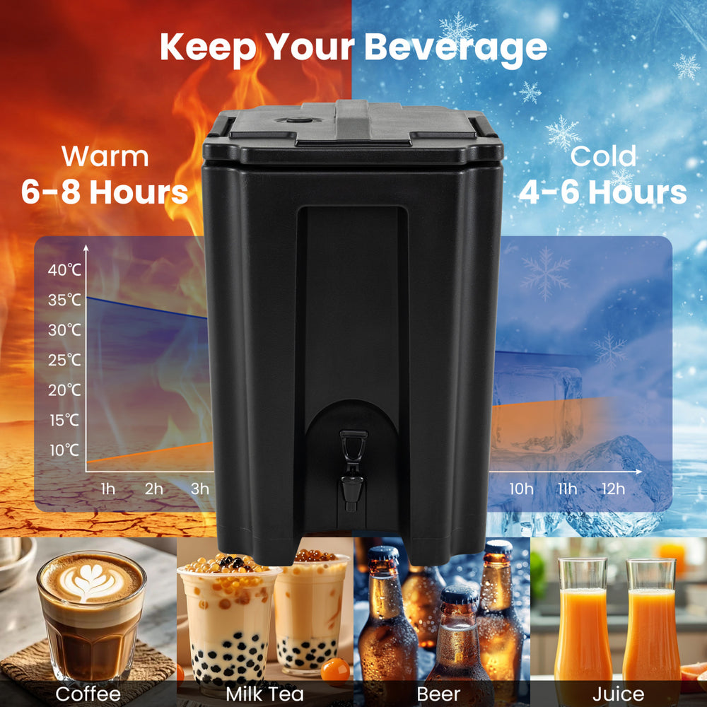 Insulated 13.2 Gal beverage dispenser in black, designed to keep drinks cold for 4-6 hours and warm for 6-8 hours.