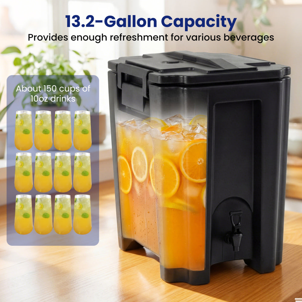 Insulated 13.2-gallon beverage dispenser in black with drip-proof faucet, ideal for parties and catering.