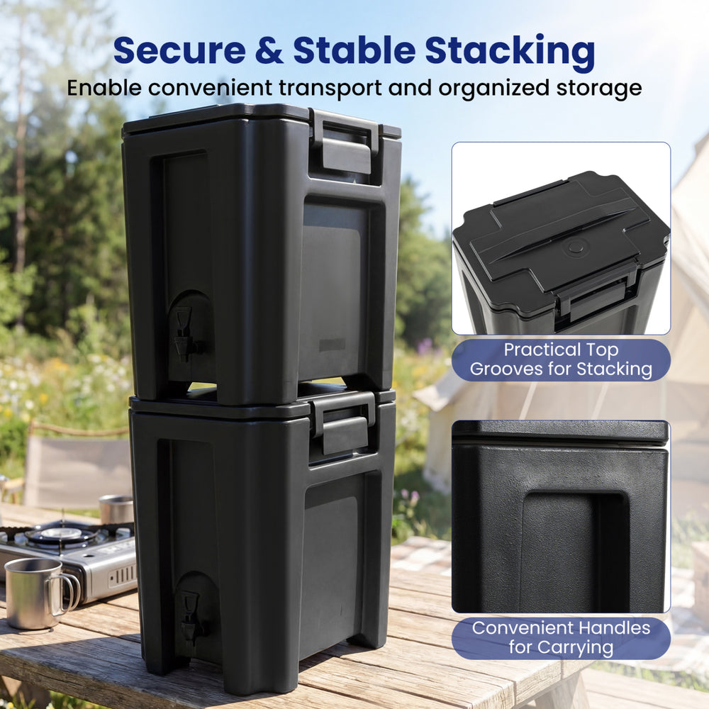 Insulated beverage dispenser with two-stage faucet, featuring stacking grooves and convenient carrying handles for.