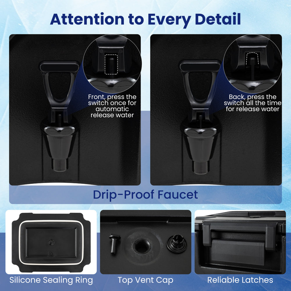 Drip-proof faucet detail of the 13.2 Gal insulated beverage dispenser, featuring a silicone sealing ring and top vent.