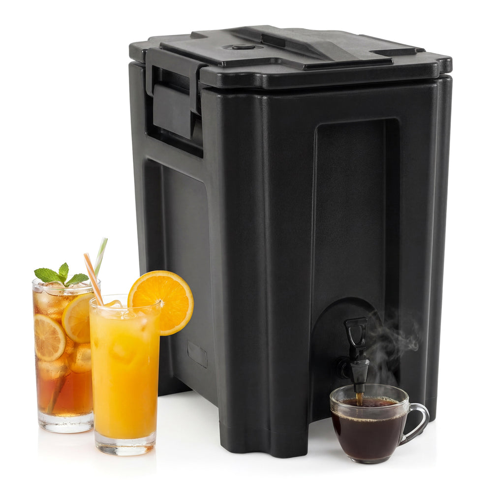 Insulated 13.2 Gal beverage dispenser in black with drip-proof faucet, ideal for catering and outdoor events.