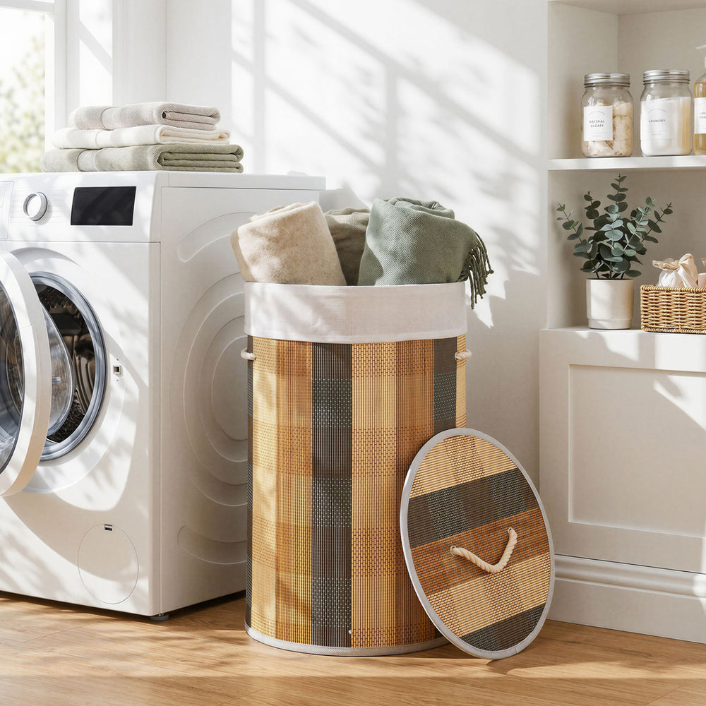 Multicolor 13.2-gallon laundry hamper with a bamboo frame, removable liner, and lid for easy laundry management.