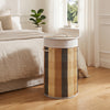 Multicolor 13.2-gallon laundry hamper features a bamboo frame, removable washable liner, and a lid for dust protection.