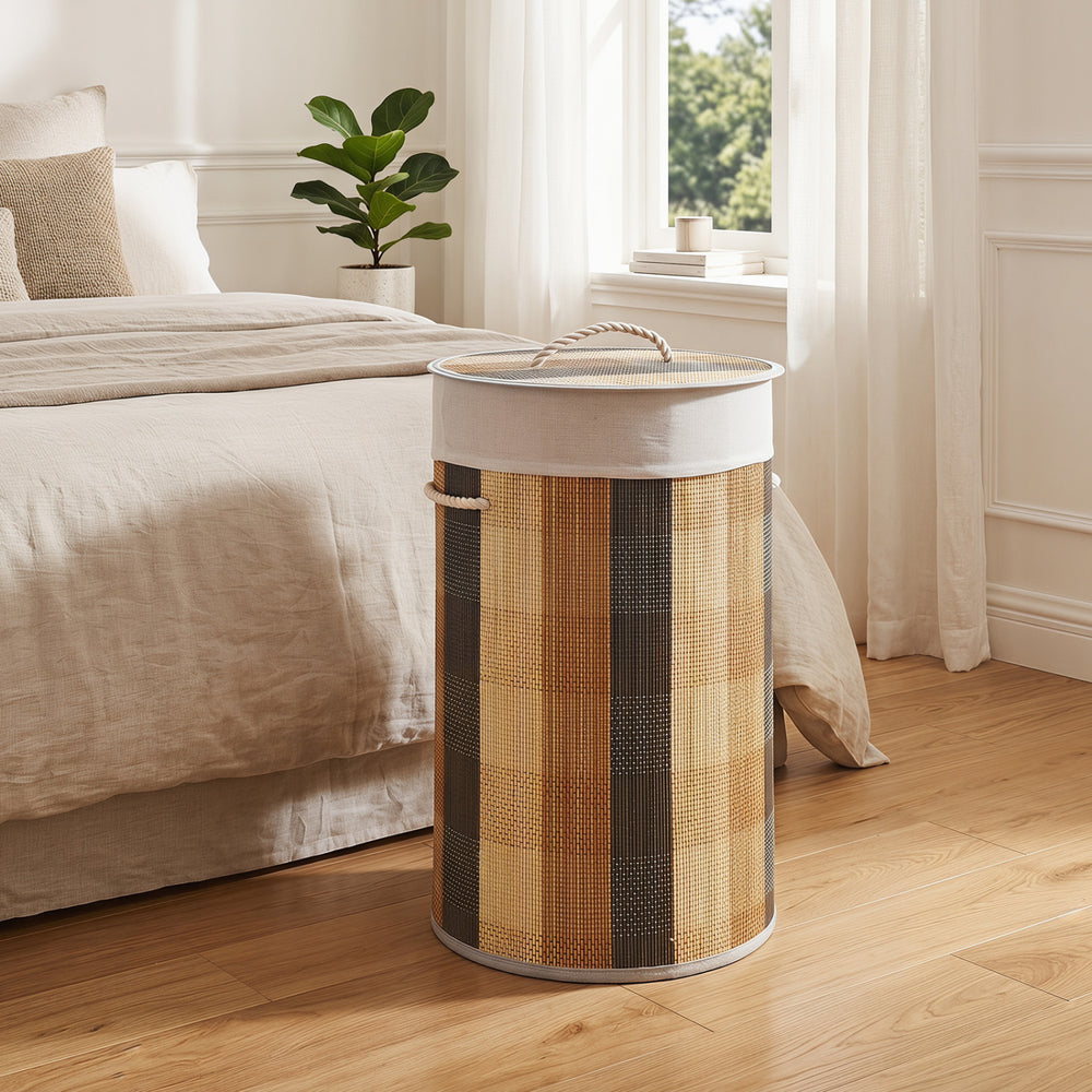 Multicolor 13.2-gallon laundry hamper features a bamboo frame, removable washable liner, and a lid for dust protection.