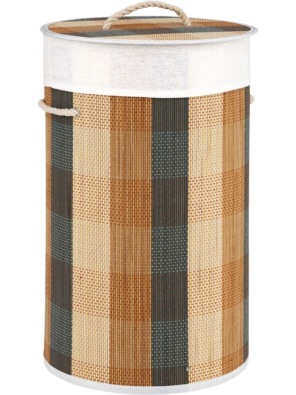 Multicolor laundry hamper with a 13.2-gallon capacity, removable liner, and bamboo-woven finish for stylish storage.